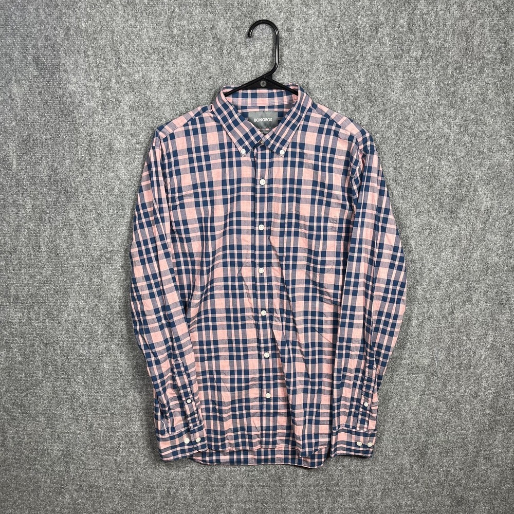 Bonobos Men's Tailored Slim Fit Large Pink Blue Plaid Long Sleeve Button Down L